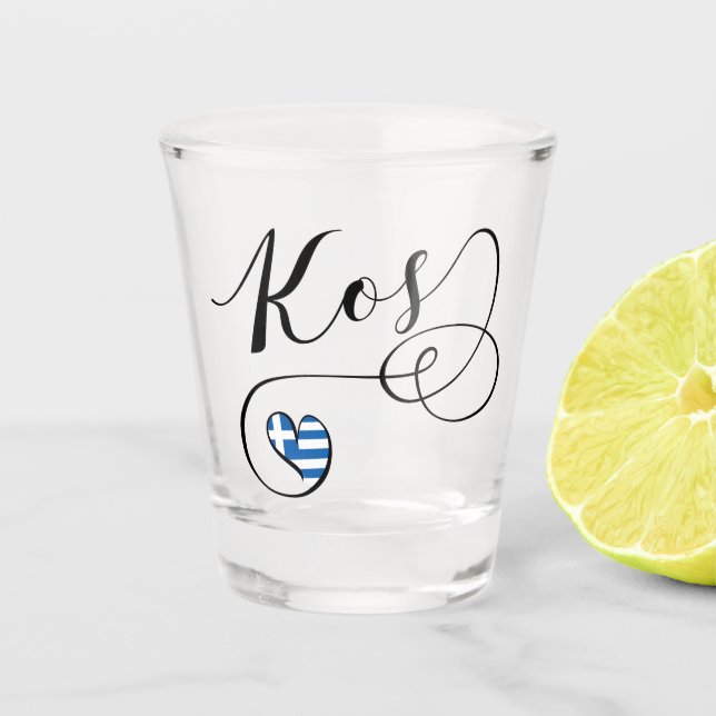Kos Heart In Flag, Greece, I Love Kos, Cos Shot Glass (Front)