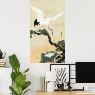 Koson Crane Bird on Branch of Pine Japanese Art Poster