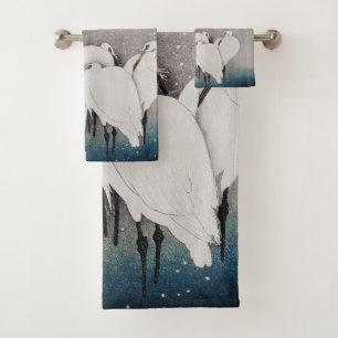 Koson Egrets in the Snow: Vintage Japanese Bath Towel Set