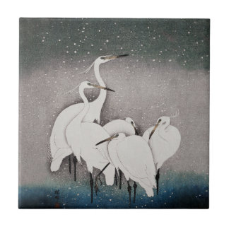 Koson Egrets in the Snow: Vintage Japanese Ceramic Tile