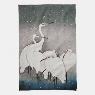 Koson Egrets in the Snow: Vintage Japanese Tea Towel