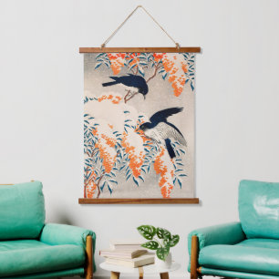 Koson Nandina & Flycatchers in Snow Japanese Art Hanging Tapestry