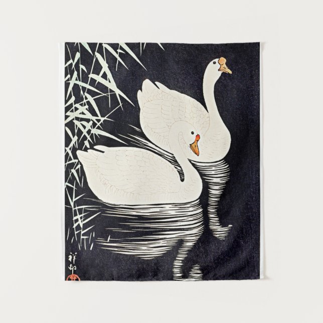 Koson - White Chinese Geese Swimming by Reeds Tapestry (Front)