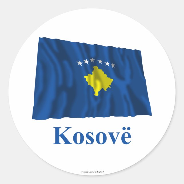 Kosovo Waving Flag with Name in Albanian Classic Round Sticker (Front)