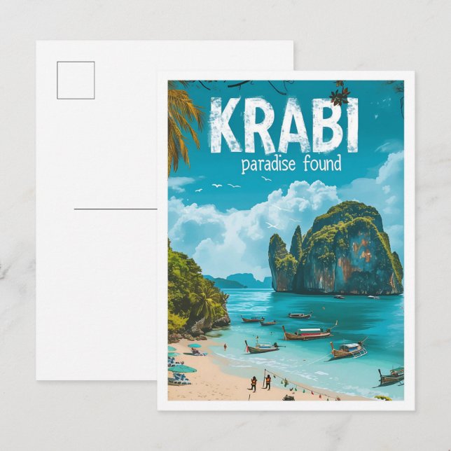Krabi Thailand Vintage Art Travel Illustration Postcard (Front/Back)