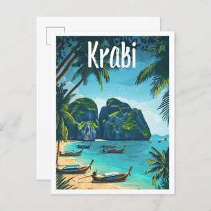 Krabi Thailand Vintage Art Travel Illustration Postcard