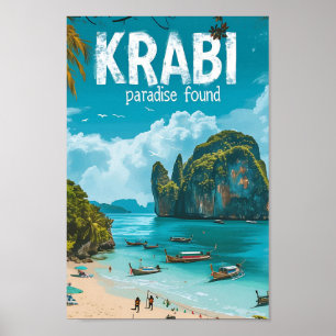 Krabi Thailand Vintage Art Travel Illustration Poster