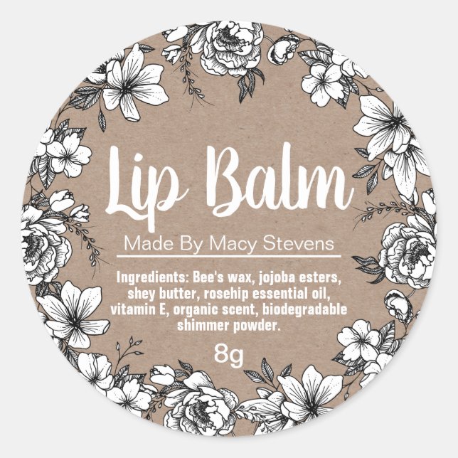 Kraft And Line Flowers Art Lip Balm Labels (Front)