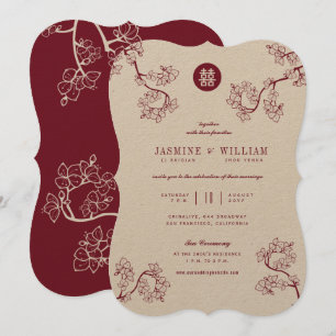 Kraft And Red Plum Blossoms Modern Asian Wedding Invitation