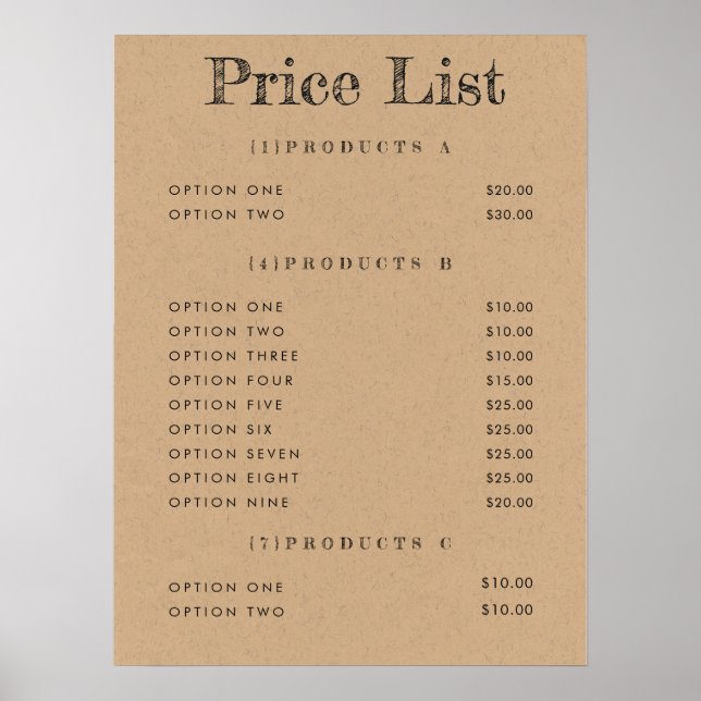 Kraft Background Price List Menu Matte Print (Front)