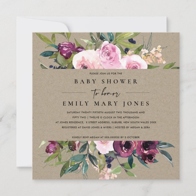 KRAFT BLUSH BURGUNDY FLORAL BUNCH BABY SHOWER INVITATION (Front)