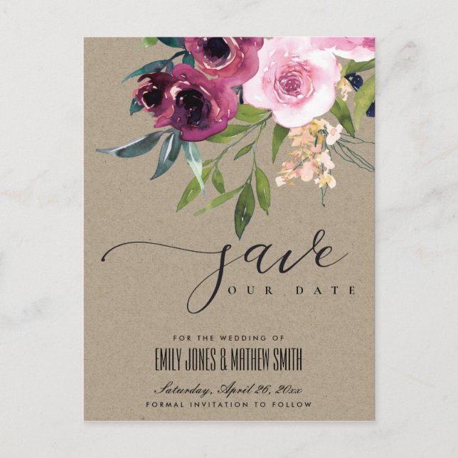 KRAFT BLUSH BURGUNDY FLORAL BUNCH SAVE THE DATE ANNOUNCEMENT POSTCARD (Front)