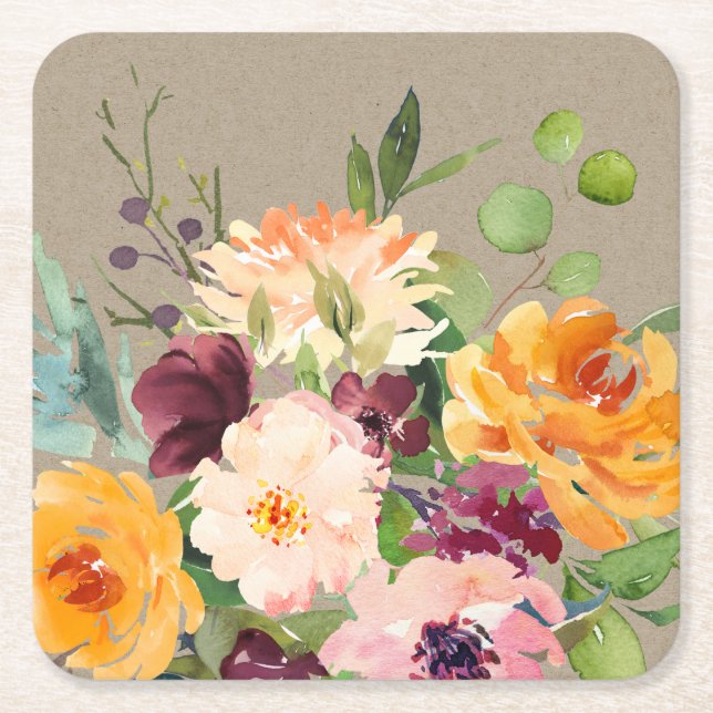 Kraft Blush Yellow Orange Burgundy Floral Bunch  Square Paper Coaster (Front)