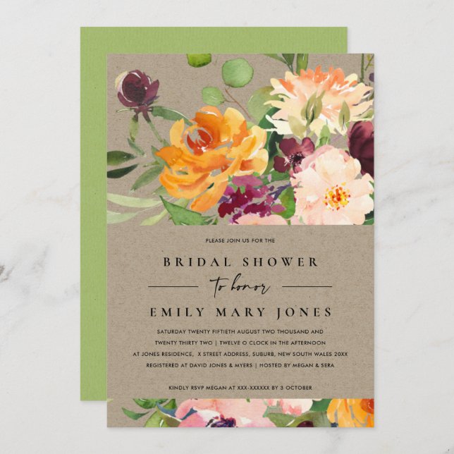 KRAFT BLUSH YELLOW ORANGE FLORAL BRIDAL SHOWER INVITATION (Front/Back)