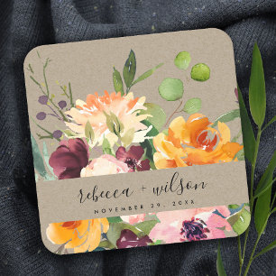 KRAFT BLUSH YELLOW ORANGE FLORAL BUNCH WEDDING SQUARE PAPER COASTER