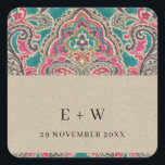 KRAFT BOHO TRIBAL IKAT PINK TEAL MONOGRAM WEDDING SQUARE STICKER<br><div class="desc">If you need any further customisation please feel free to message me on yellowfebstudio@gmail.com</div>