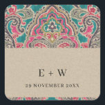 KRAFT BOHO TRIBAL IKAT PINK TEAL MONOGRAM WEDDING SQUARE STICKER<br><div class="desc">If you need any further customisation please feel free to message me on yellowfebstudio@gmail.com</div>