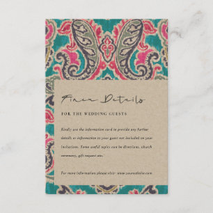 KRAFT BOHO TRIBAL IKAT PINK TEAL WEDDING DETAILS E ENCLOSURE CARD