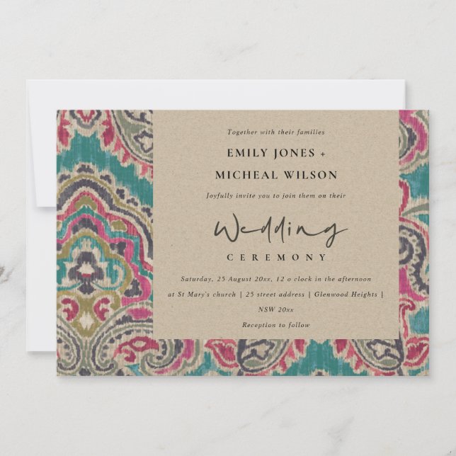 KRAFT BOHO TRIBAL IKAT PINK TEAL WEDDING INVITE (Front)