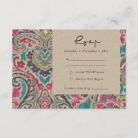 KRAFT BOHO TRIBAL IKAT PINK TEAL WEDDING RSVP 