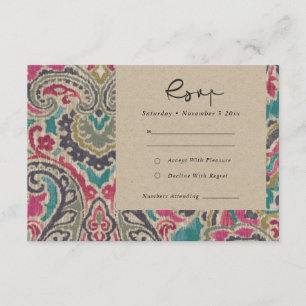 KRAFT BOHO TRIBAL IKAT PINK TEAL WEDDING RSVP  ENCLOSURE CARD