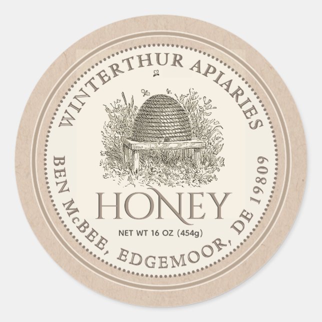 Kraft Bordered Honey Jar Label (Vintage Skep) (Front)