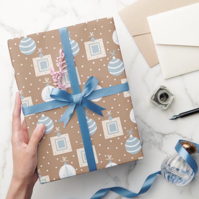 KRAFT BROWN and BLUE CHRISTMAS ORNAMENTS  Wrapping Paper (Gifting)
