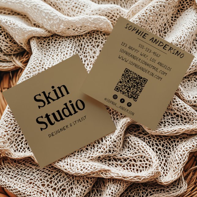 Kraft Brown Minimalist Skincare Spa Beauty QR Code Square Business Card (Creator Uploaded)