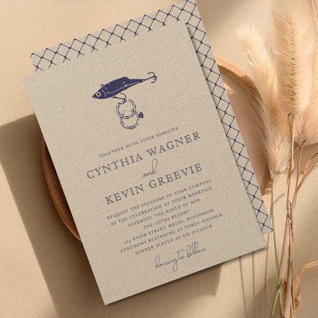 Kraft Brown Rustic Fishing Lure Rings Navy Blue Invitation (Creator Uploaded)