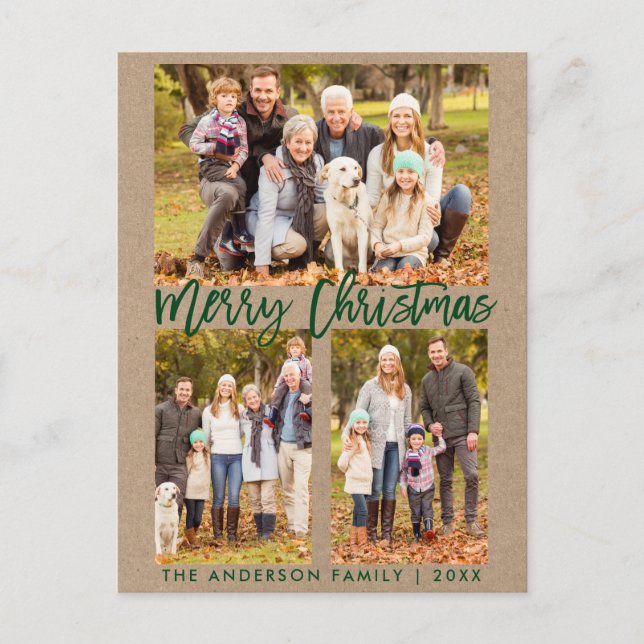 Kraft Brush Script Family 3 Photo Merry Christmas Postcard (Front)