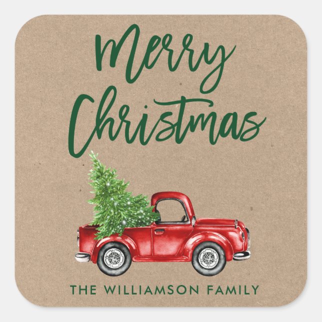 Kraft Brush Script Truck Christmas Square Sticker (Front)