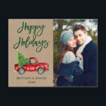 Kraft Brush Script Truck Couple Photo Holidays Postcard<br><div class="desc">Kraft Green Brush Script Watercolor Vintage Red Truck with Christmas Tree - Happy Holidays Couple Photo Postcard</div>