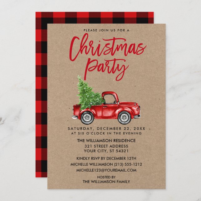 Kraft Brush Script Truck Plaid Christmas Party R Invitation (Front/Back)