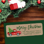 Kraft Brush Script Vintage Truck Christmas Green Return Address Label<br><div class="desc">Kraft Brush Script Watercolor Vintage Red Truck with Christmas Tree - Merry Christmas Family Return Address Label</div>