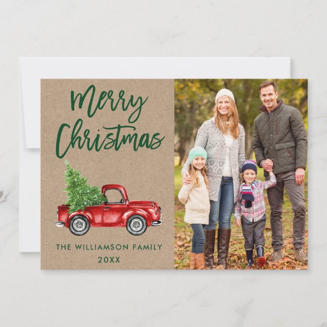 Kraft Brush Script Vintage Truck Photo Christmas Holiday Card (Front)