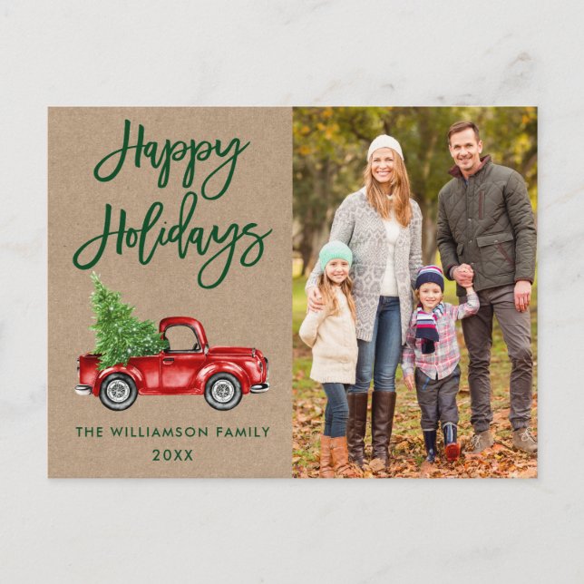 Kraft Brush Script Vintage Truck Photo Holidays Postcard (Front)