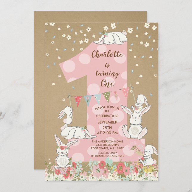 Kraft Bunny Big One Girls Birthday Invitation (Front/Back)
