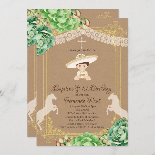 Kraft Cactus Fiesta Baptism and First Birthday Boy Invitation (Front/Back)
