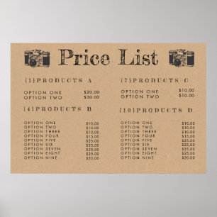 Kraft Camera Photographer Price Menu Print Poster