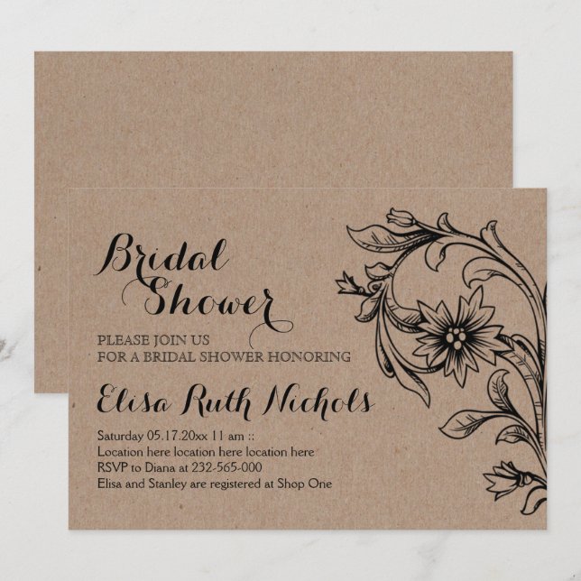 Kraft  cardboard floral wedding bridal shower invitation (Front/Back)