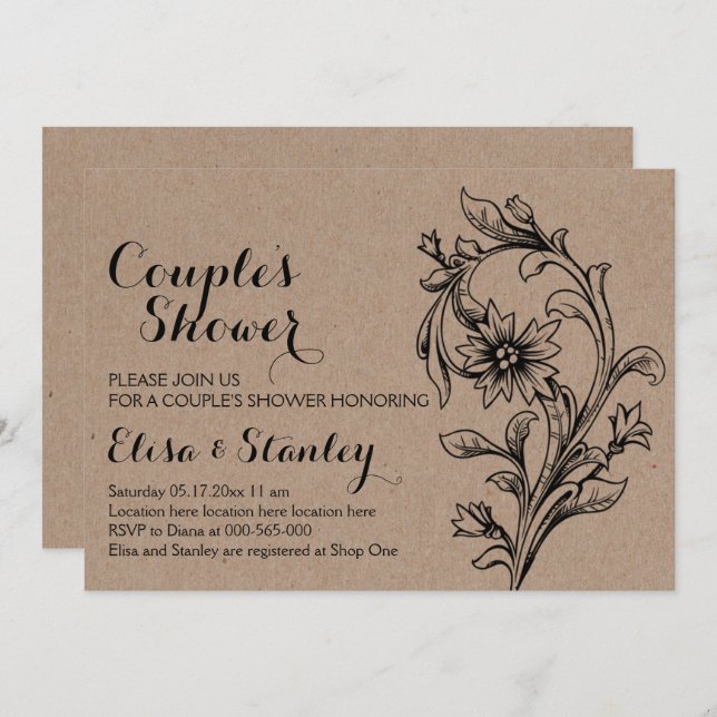 Kraft cardboard floral wedding couples shower invitation (Front/Back)
