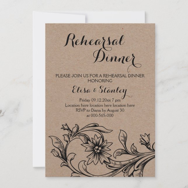 Kraft cardboard floral wedding rehearsal dinner invitation (Front)