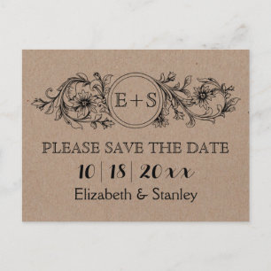 Kraft cardboard initials wedding Save the Date Announcement Postcard