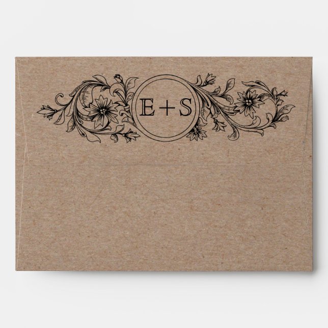 Kraft cardboard vintage floral initials wedding envelopes (Back (Top Flap))