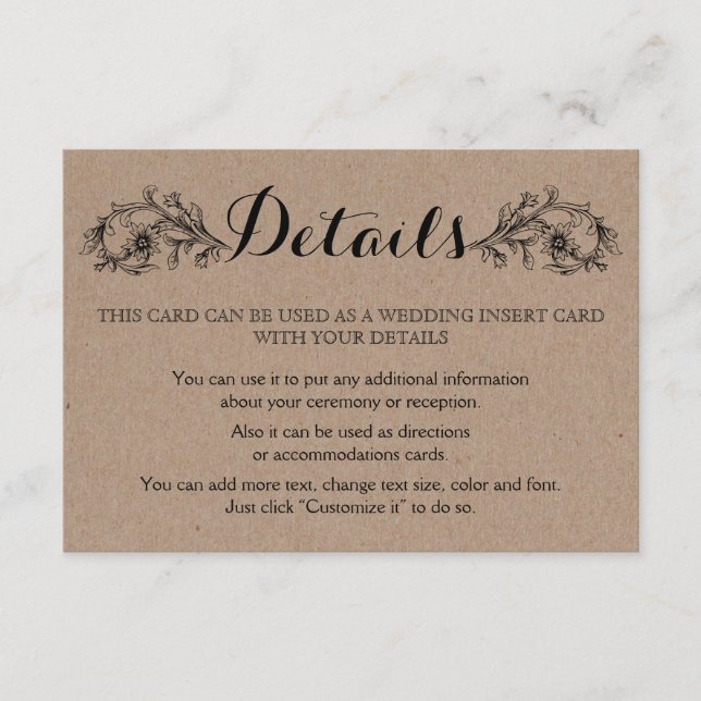 Kraft cardboard vintage floral wedding enclosure card (Front)