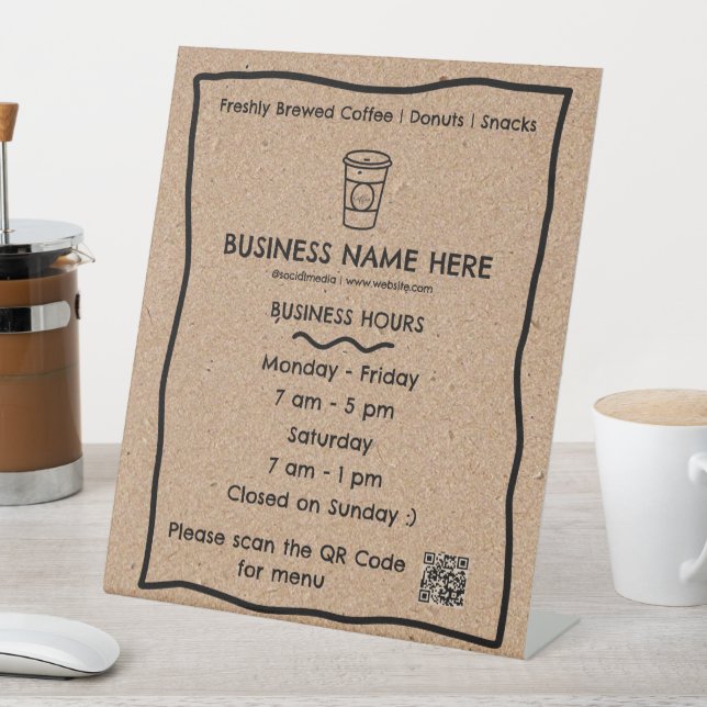 Kraft Coffee Cup Café Opening Hours QR Code Pedestal Sign (In SItu)