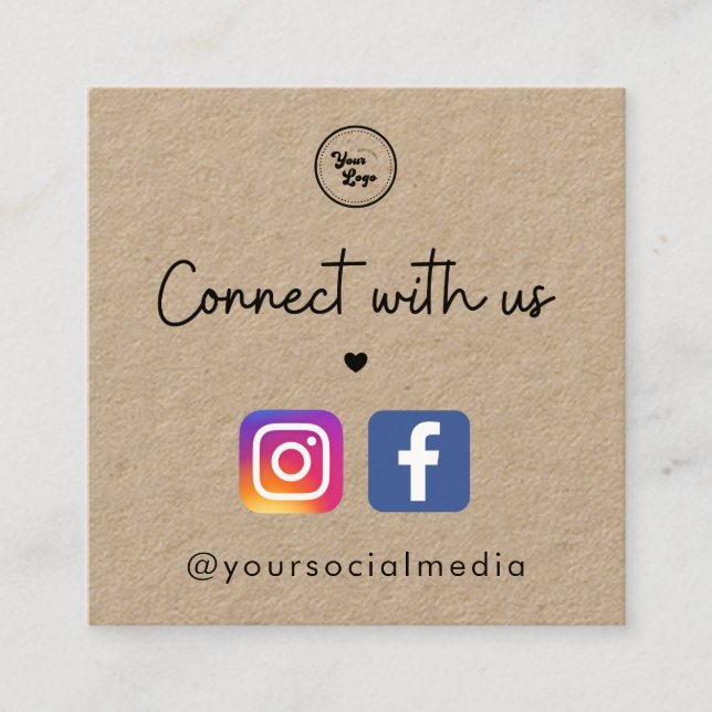 Kraft Connect with Us Heart Social Media QR Code Square Business Card (Front)