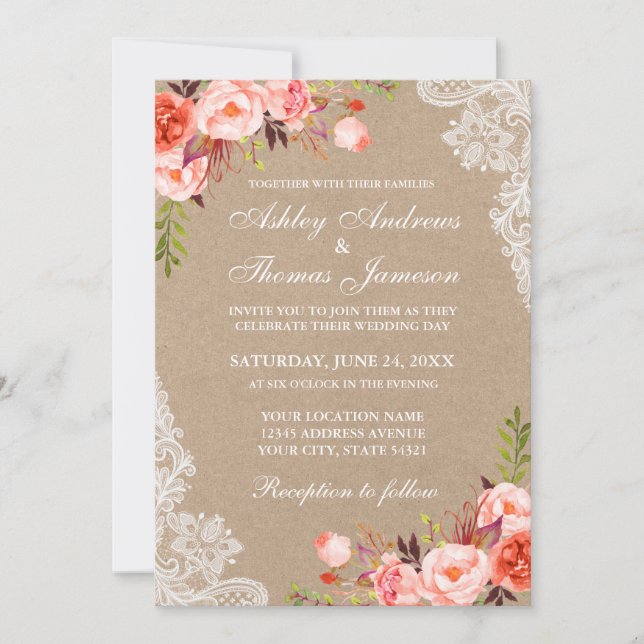 Kraft Coral Floral Lace Wedding Invite (Front)