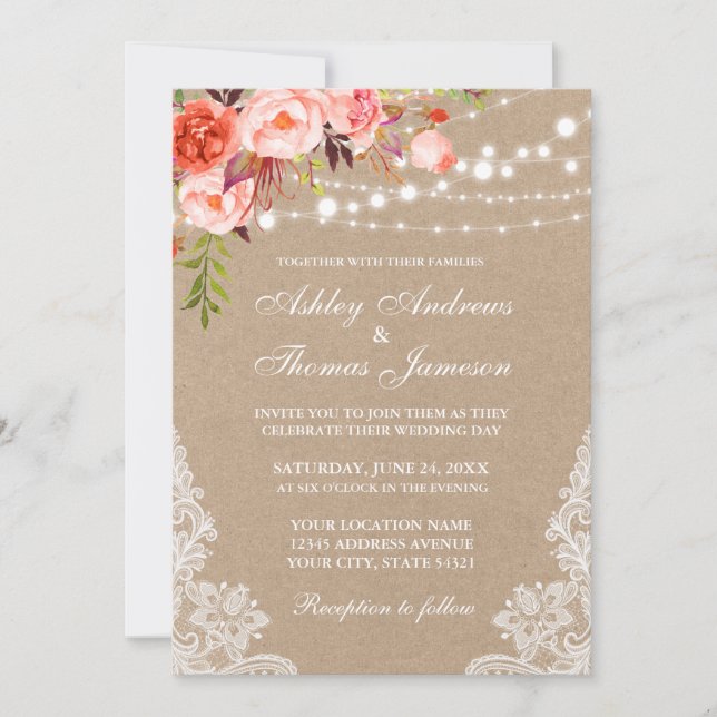 Kraft Coral Floral Lights Lace Wedding Invite (Front)
