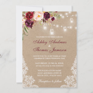 Kraft Floral Burgundy Lace Lights Wedding Invite